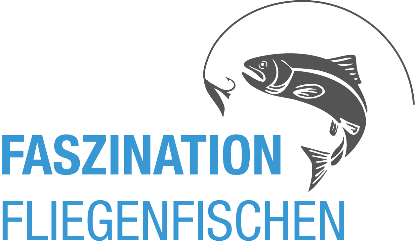 Logo mit dem Text "Faszination Fliegenfischen" und einem stilisierten Fisch.