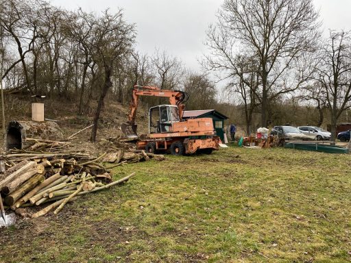 Raues Terrain mit einem Baumstumpfentferner und Holzstapeln im Hinterland.