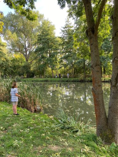 Ein Kind steht am Ufer eines ruhigen Teiches, umgeben von Bäumen und grüner Vegetation.