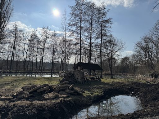 Ein Holzhaus am Ufer eines ruhigen Gewässers, umgeben von Bäumen und klarem Himmel.