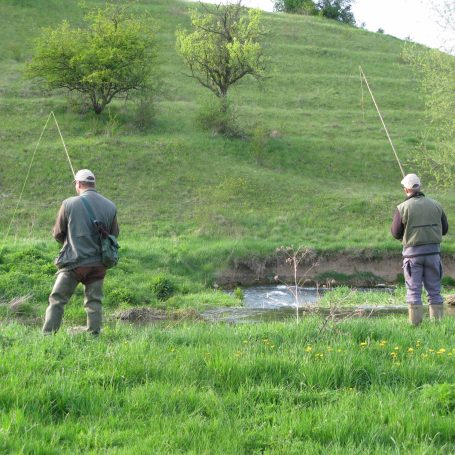 Zwei Angler stehen am Ufer eines Bachs, umgeben von grünen Wiesen und Bäumen.