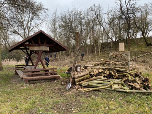 Ein Holzlager neben einer überdachten Sitzgelegenheit in einer ländlichen Umgebung.