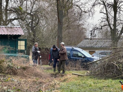 Drei Personen stehen im Freien zwischen Bäumen und einem blauen Auto.